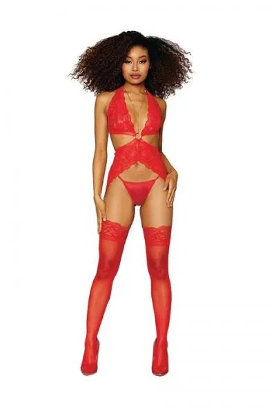 Anal Seductucom Lace Garter Slip Set W Gold Hardware Lipstick Red OS