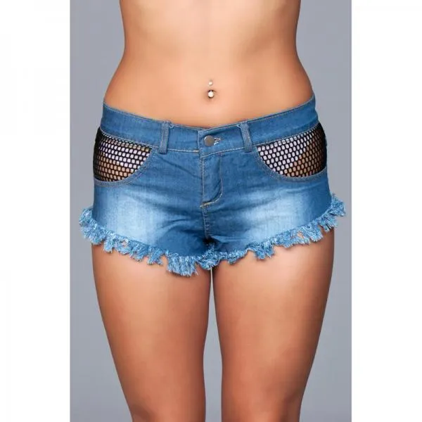 Denim Shorts With Fishnet Top Trimming Frindge Bottom Black Small BeWicked Anal