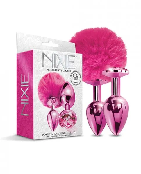 Nixie Metal Butt Plug Set WJewel Inlaid Pom Pom Pink Metallic Global Novelties Anal Nixie Metal Butt Plug Set WJewel Inlaid Pom Pom Pink Metallic Global Novelties Anal