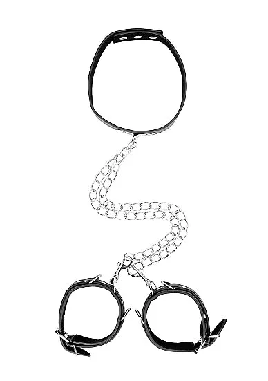 Shots Toys Restraints Ouch Bonded Leather Collar With Hand Cuffs With Adjustable Straps and Chain Black
