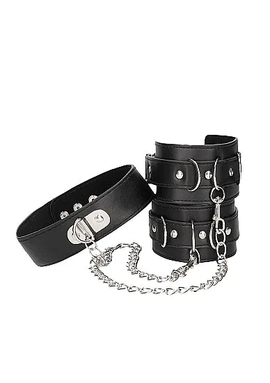 Shots Toys Restraints Ouch Bonded Leather Collar With Hand Cuffs With Adjustable Straps and Chain Black