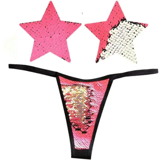 Vibrators Bitchin Neon Pink and Silver Blacklight Sequin Pastie and Panty Set Pink Neva Nude