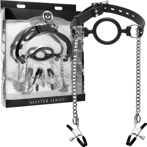 XR Brands Male Sex Toys Mutiny Silicone ORing Gag With Nipple Clamps