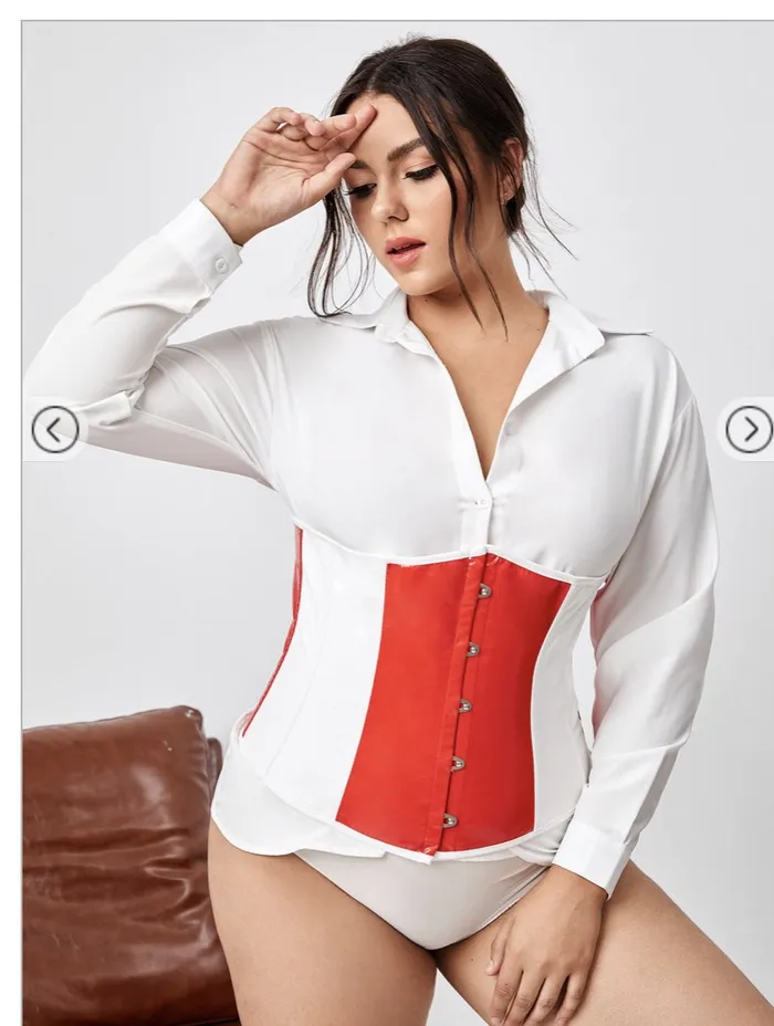 Couples Plus Color Block Laceup Back Corset With Thong 2XL SHEIN
