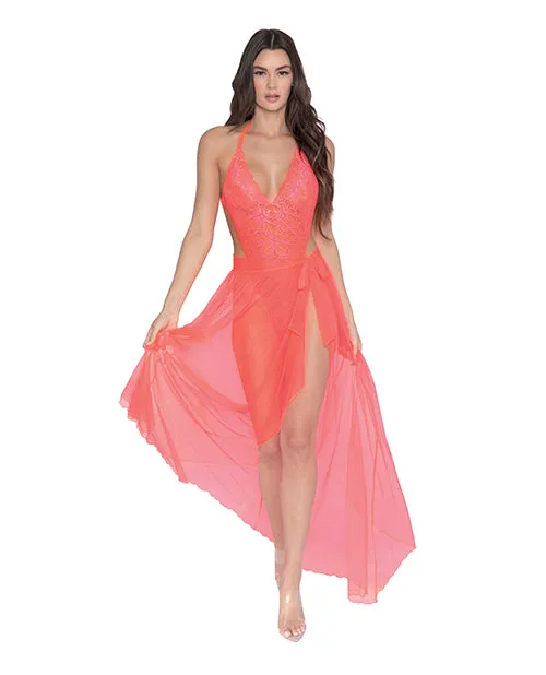 Dreamgirl International Hosiery Simply Sexy Stretch Lace Teddy Sheer Mesh Maxi Skirt Wadjustable Straps Gstring Coral