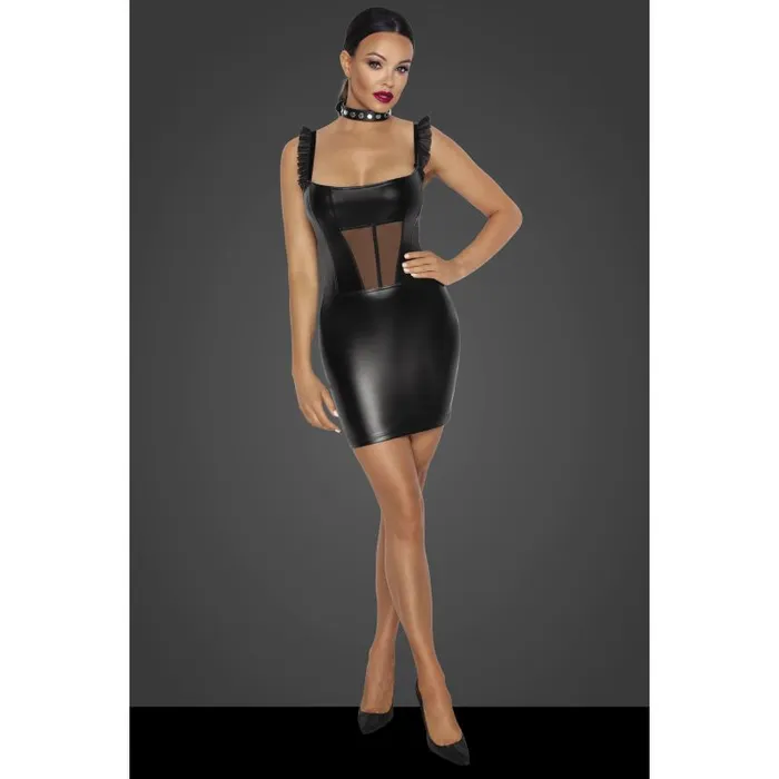 Noir Anal Noir Power Wetlook Short Dress with Front Tulle Inserts Black SML