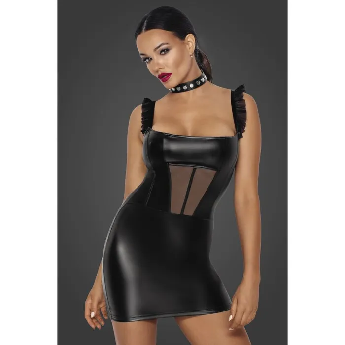 Noir Anal Noir Power Wetlook Short Dress with Front Tulle Inserts Black SML