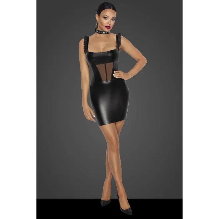Noir Anal Noir Power Wetlook Short Dress with Front Tulle Inserts Black SML