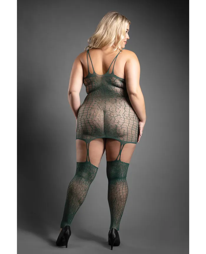 Sheer Wild Heart Reptile Print Bodystocking Dress wAttached Stockings Green QN Fantasy Lingerie Bodystockings Playsuits