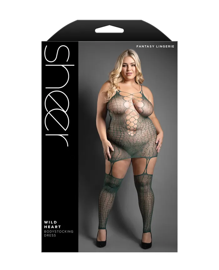 Sheer Wild Heart Reptile Print Bodystocking Dress wAttached Stockings Green QN Fantasy Lingerie Bodystockings Playsuits