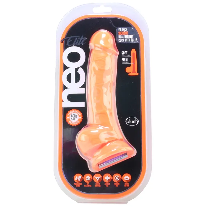 Nalpac Female Sex Toys Blush Neo Elite 75 in Silicone Dual Density Dildo with Balls Suction Cup Neon Orange