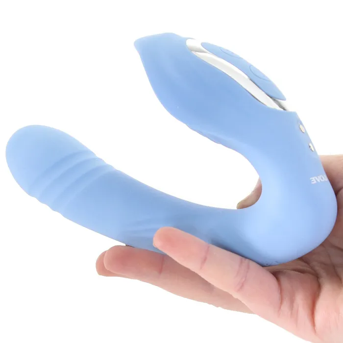 Nalpac Vibrators Evolved Tap Thrust Rechargeable Thrusting Pulsing Silicone Dual Stimulator Blue