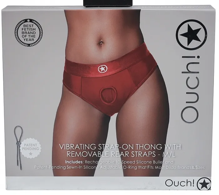 Ouch Female Sex Toys Ouch Thong w Butt Strap Vibrating Strap On Red ML