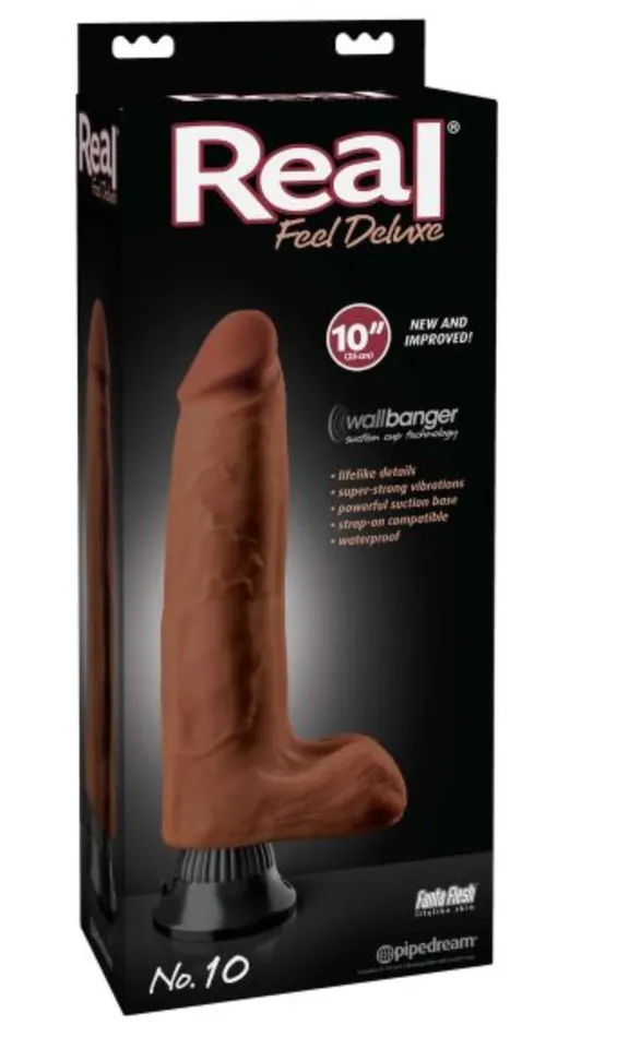 Pipedream Products Dildos Real Feel Deluxe 10 Flesh 10in Vibrating Suction Dildo 10 inches Harness Compatible