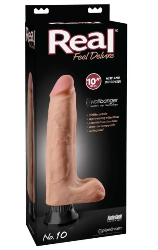 Pipedream Products Dildos Real Feel Deluxe 10 Flesh 10in Vibrating Suction Dildo 10 inches Harness Compatible