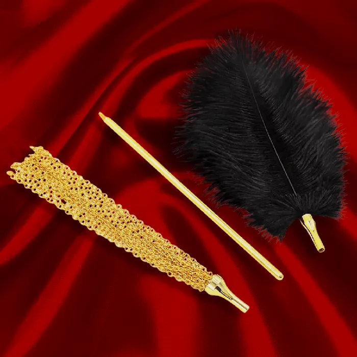 The Kinky Peach Female Sex Toys Gold Teaser Set with Feather Tickler and Chain Flogger The Kinky Peach Female Sex Toys Gold Teaser Set with Feather Tickler and Chain Flogger