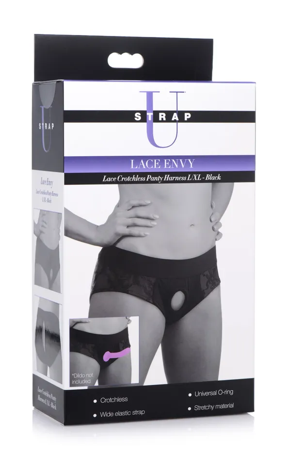 XR Brands Female Sex Toys Lace Envy Black Crotchless Panty Harness